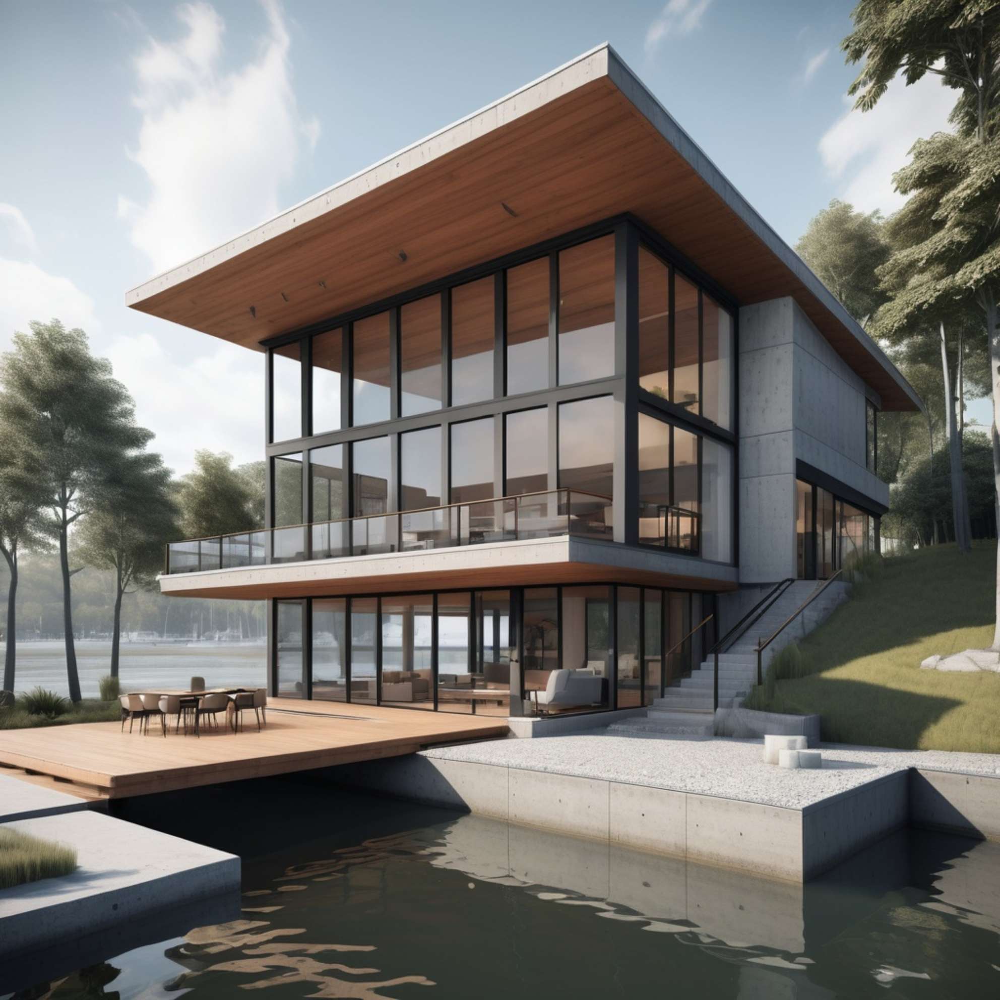 A visual representation of a house on a lake